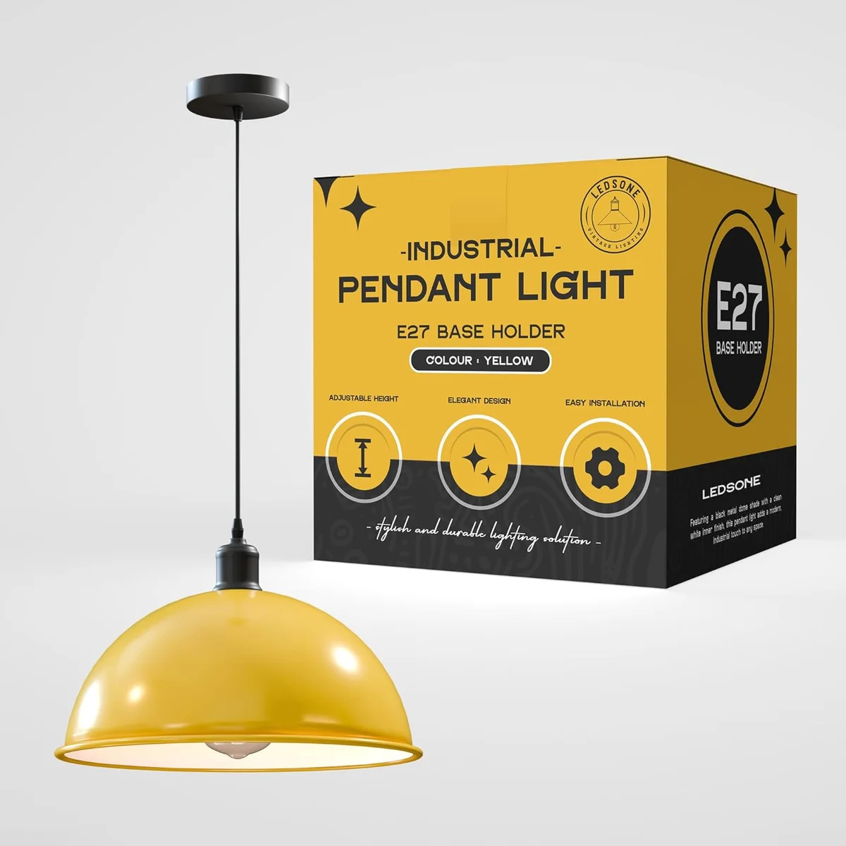 40cm retro pendant light with glossy powder-coated metal dome and black fabric cable hanging against white background