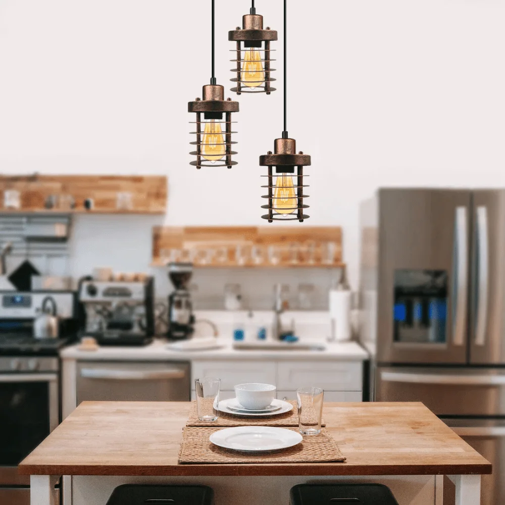 3-light cluster pendant with metal cage shades and adjustable cables, suitable for indoor ceiling mounting