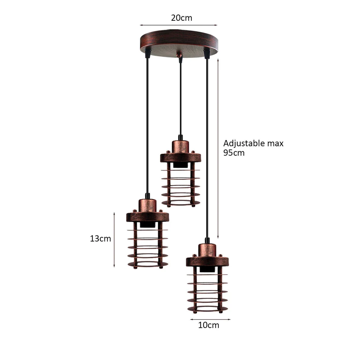 3-light metal cage pendant with adjustable cords and retro industrial design, ceiling mounted with E27 bulb holders