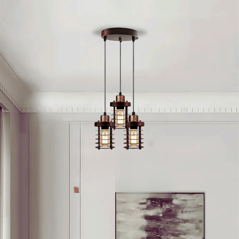 3-light metal cage cluster pendant with adjustable cords, retro industrial ceiling light in black finish