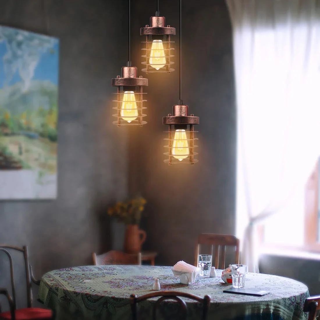 3-light metal cage cluster pendant lamp with adjustable cords, compatible with E27 bulb pendant lamp fittings