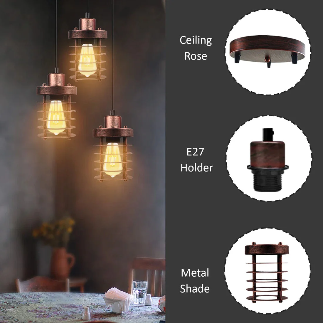 Dimmable cluster pendant with three metal cage lights hanging from adjustable 95cm cables, suitable for indoor ceiling mount
