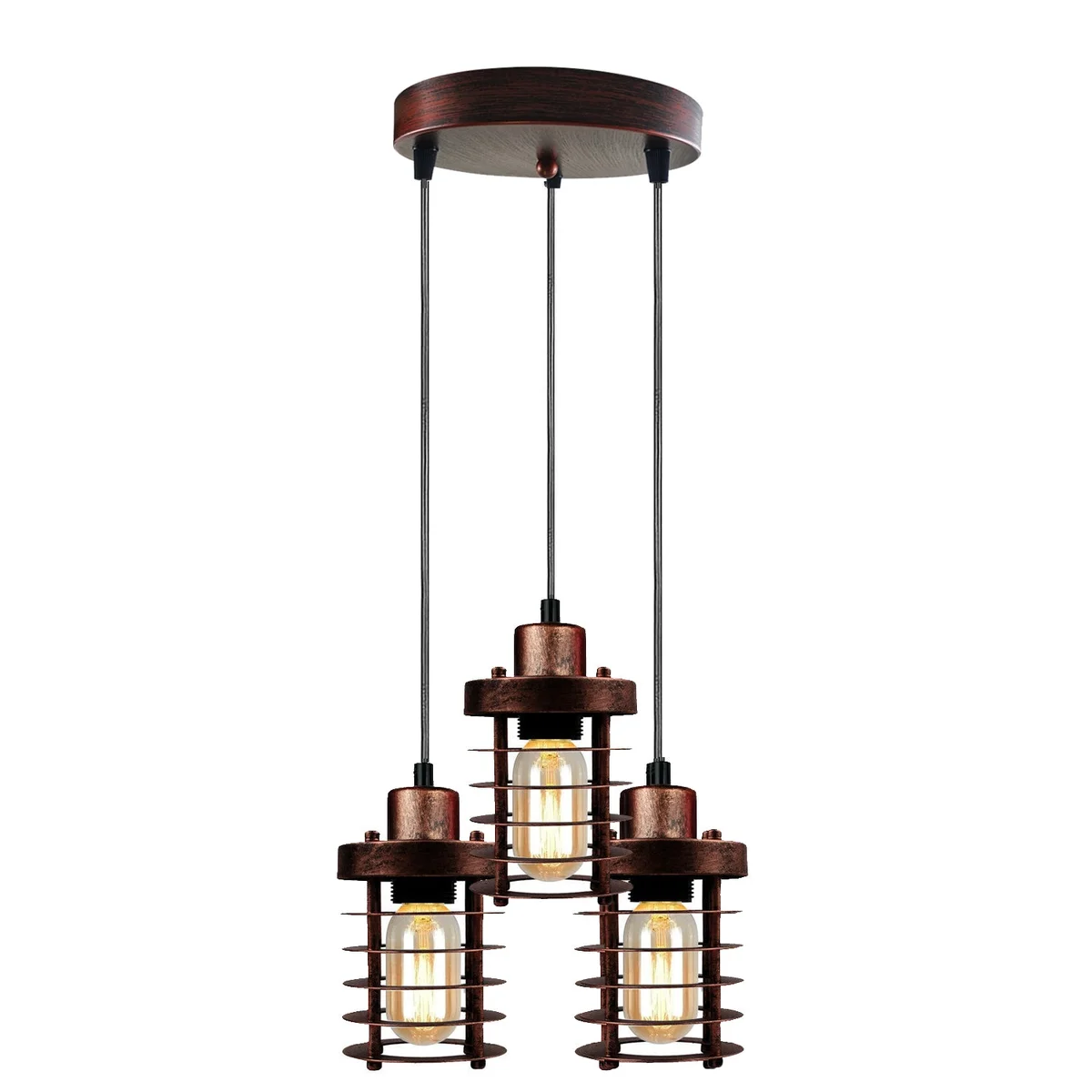3-light cluster pendant with metal cage shades and adjustable 95cm cables in retro industrial style ceiling mount
