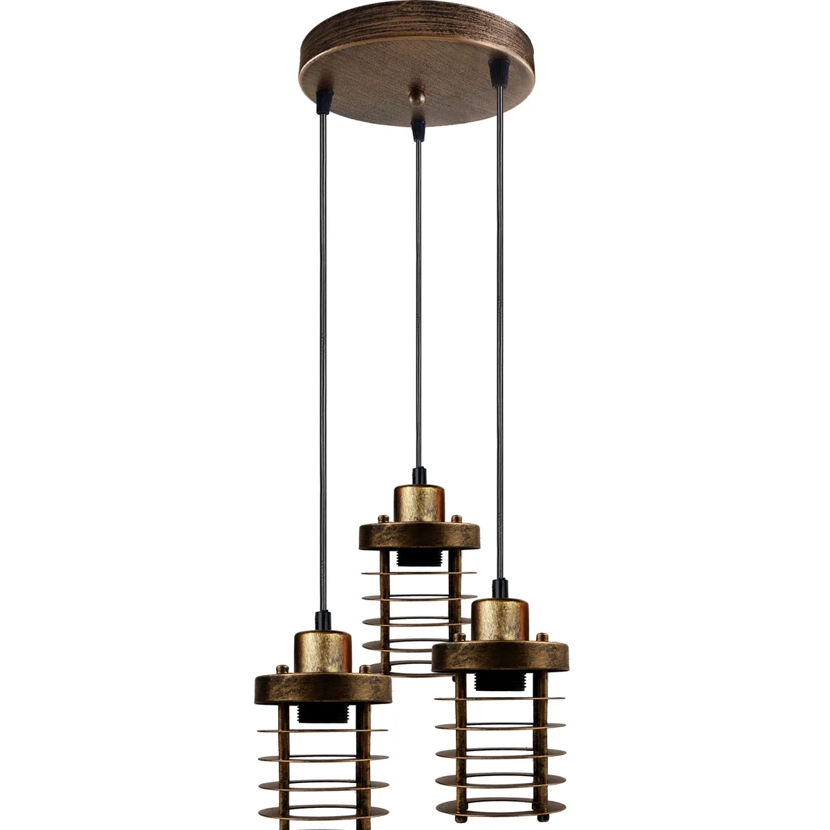 3-light cluster pendant with three metal cage shades hanging from adjustable cords, suitable for indoor ceiling mount