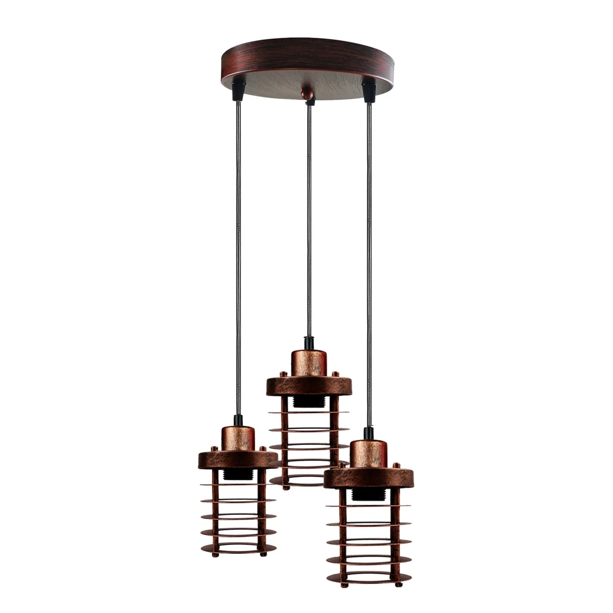3-light cluster pendant with metal cage shades and adjustable 95cm cables, suitable for indoor ceiling mounting