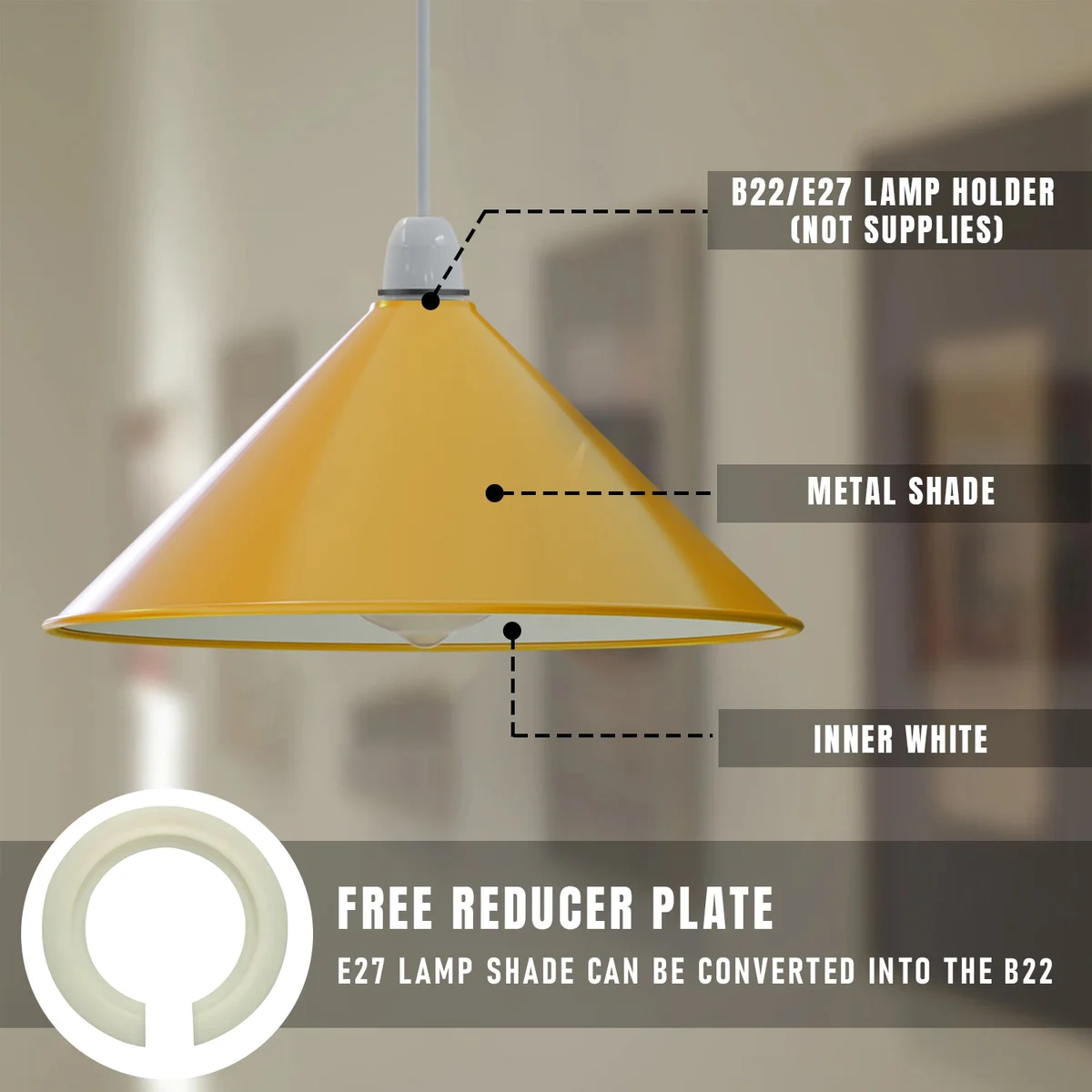 Large vintage metal indoor cone lampshade in black with reducer plate, 36cm diameter, shown from side angle on white background