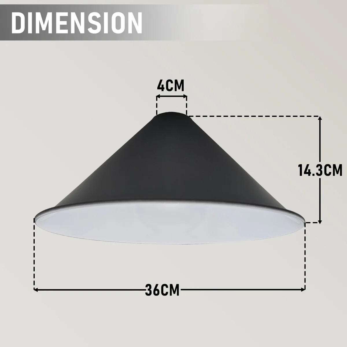 Metal cone lampshade in vintage retro style, large size with 36cm diameter and 14.3cm height, black metal finish