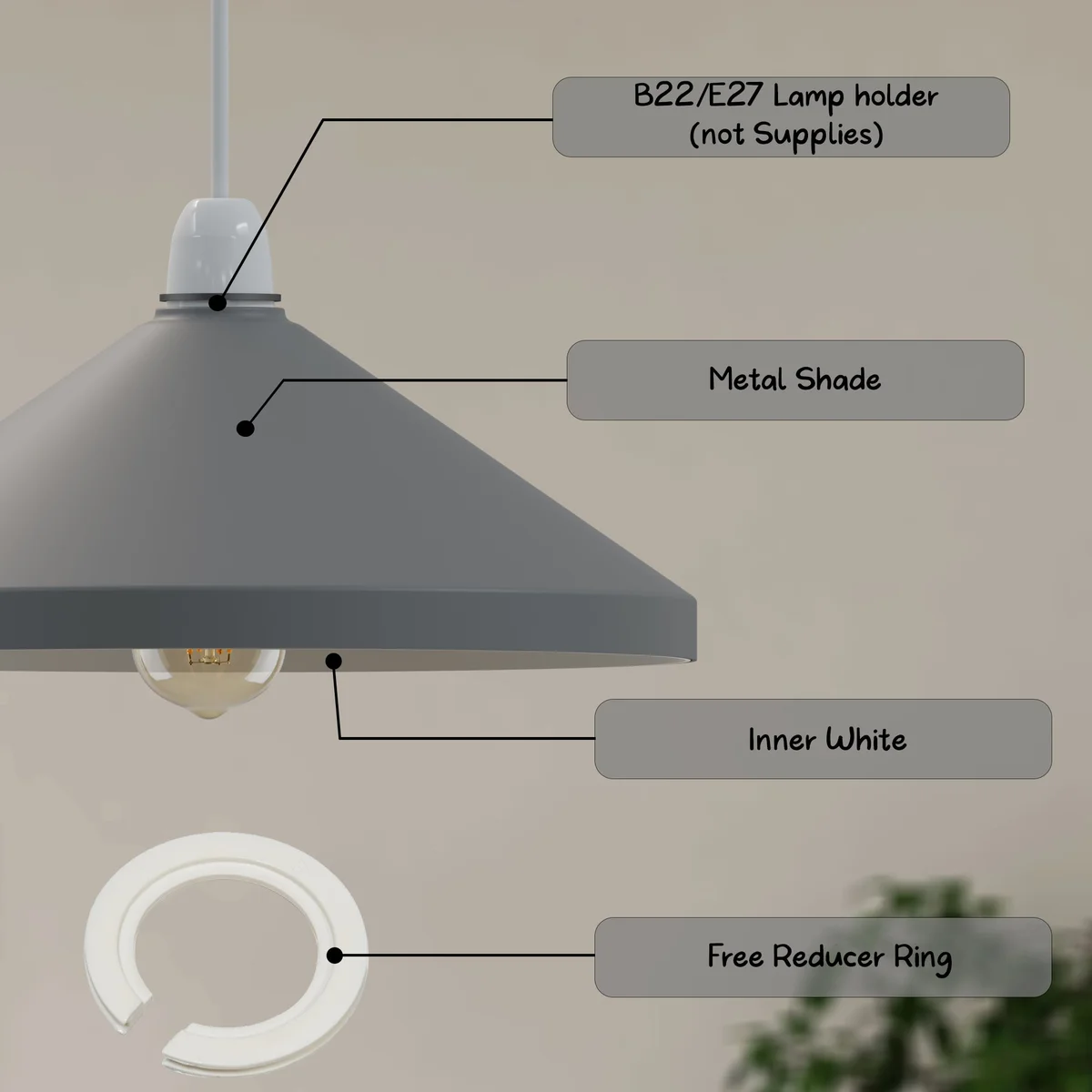 Vintage style cone metal lampshade in dark metal finish with easy fit design and 33.5cm diameter for indoor use