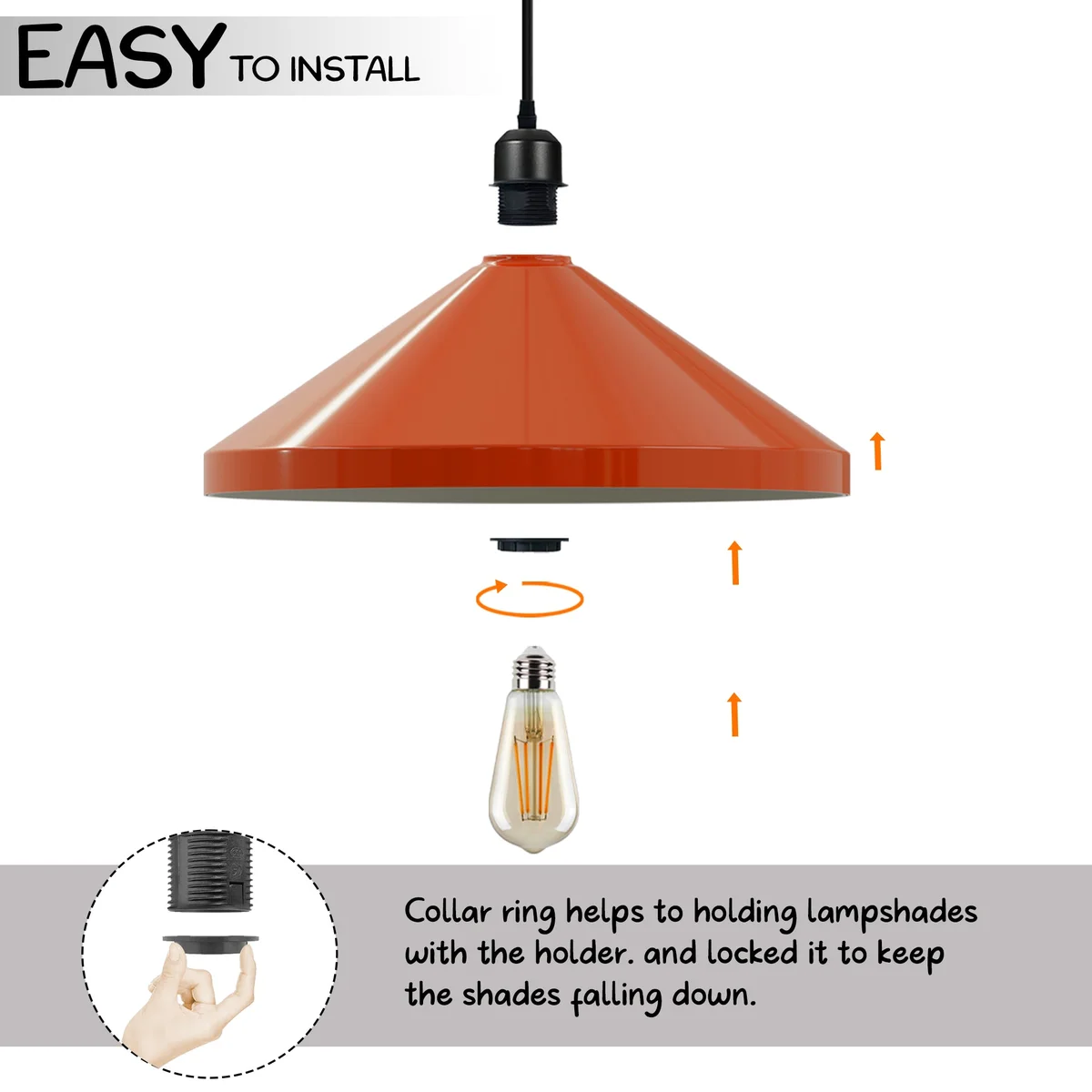 Vintage style metal cone easy fit lampshade in black, showing side profile and reducer plate for indoor use