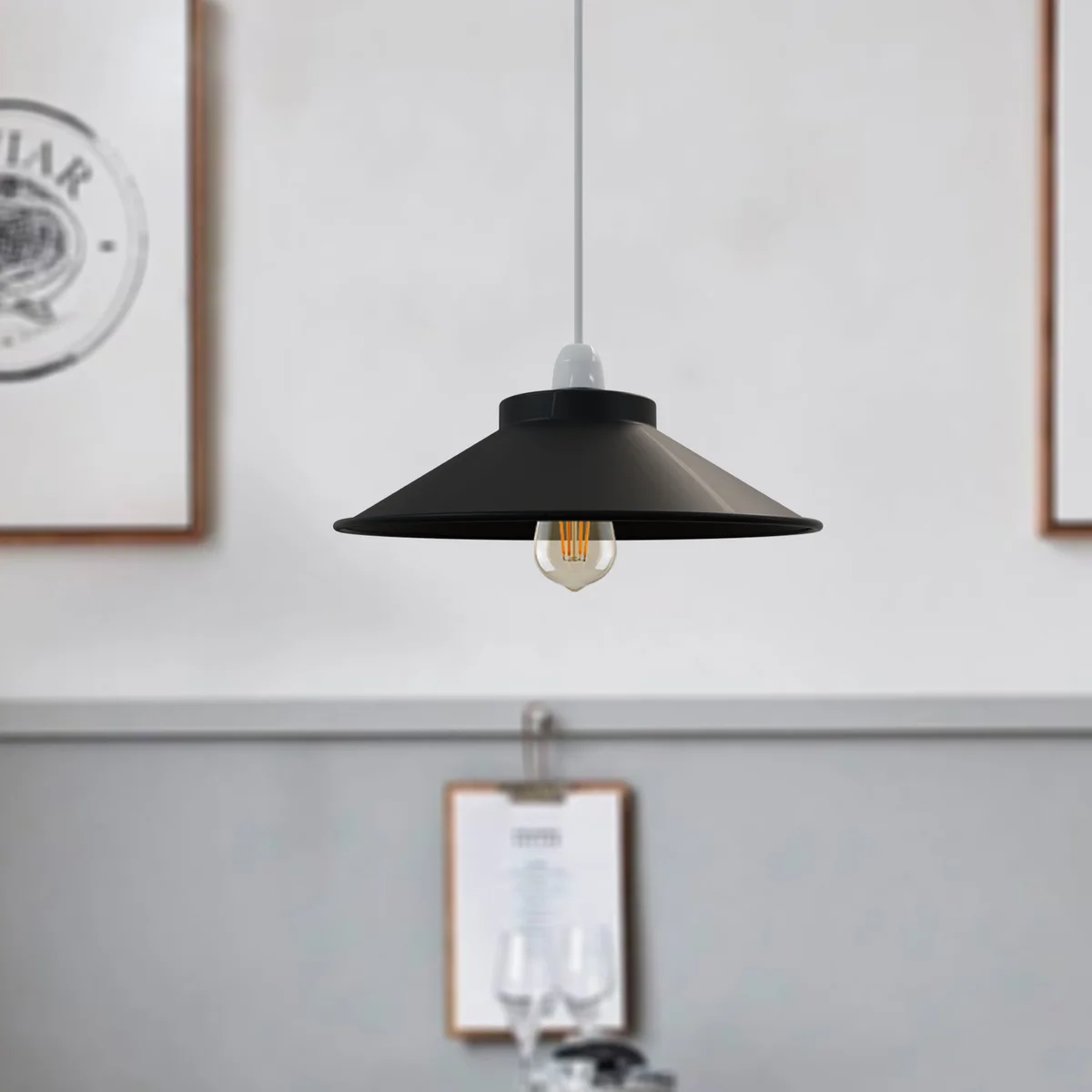 Vintage industrial style metal cone lamp shade in black with easy fit reducer plate, 32cm diameter, 8.5cm height