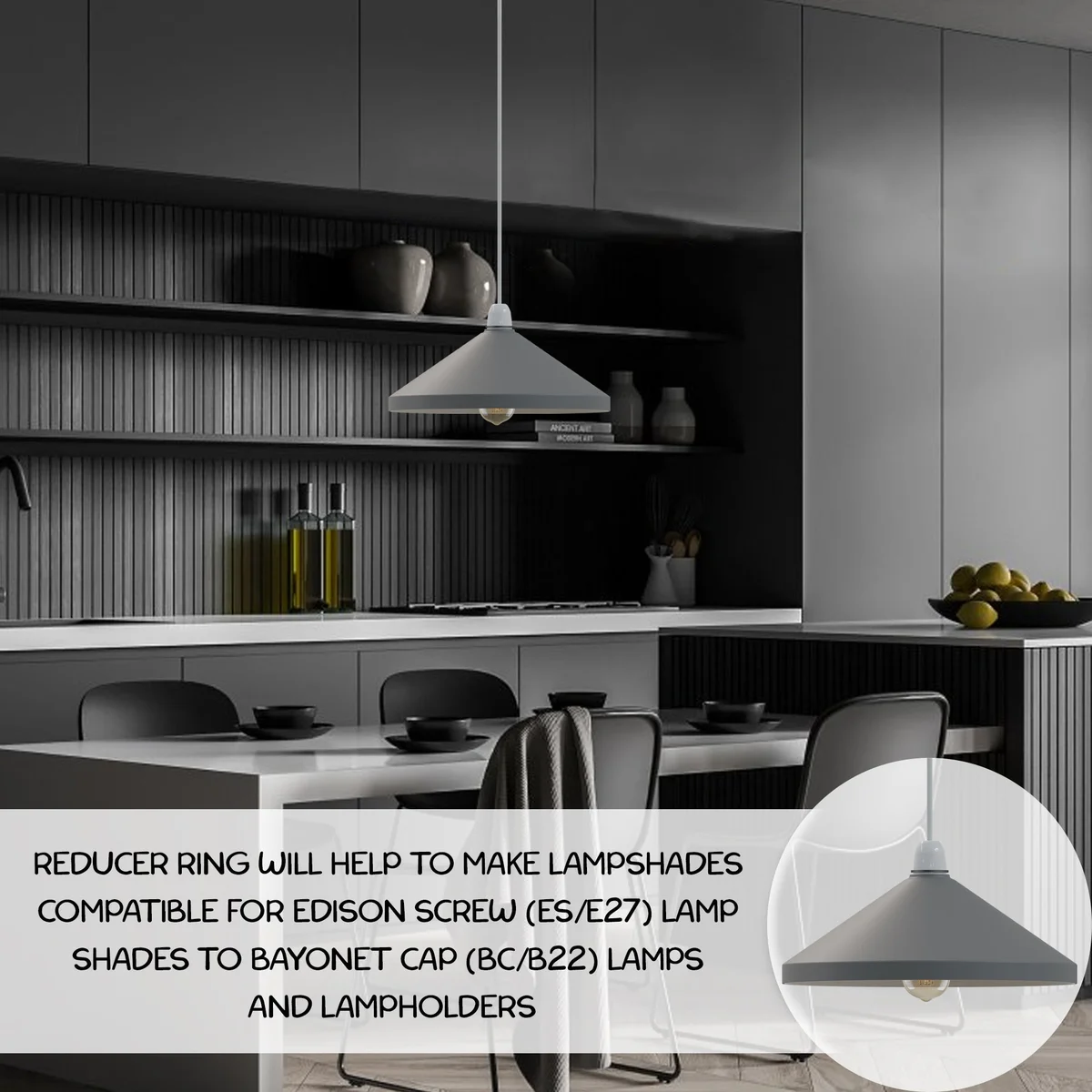 Retro metal lampshade in vintage cone shape with easy fit reducer plate, shown from side angle on white background