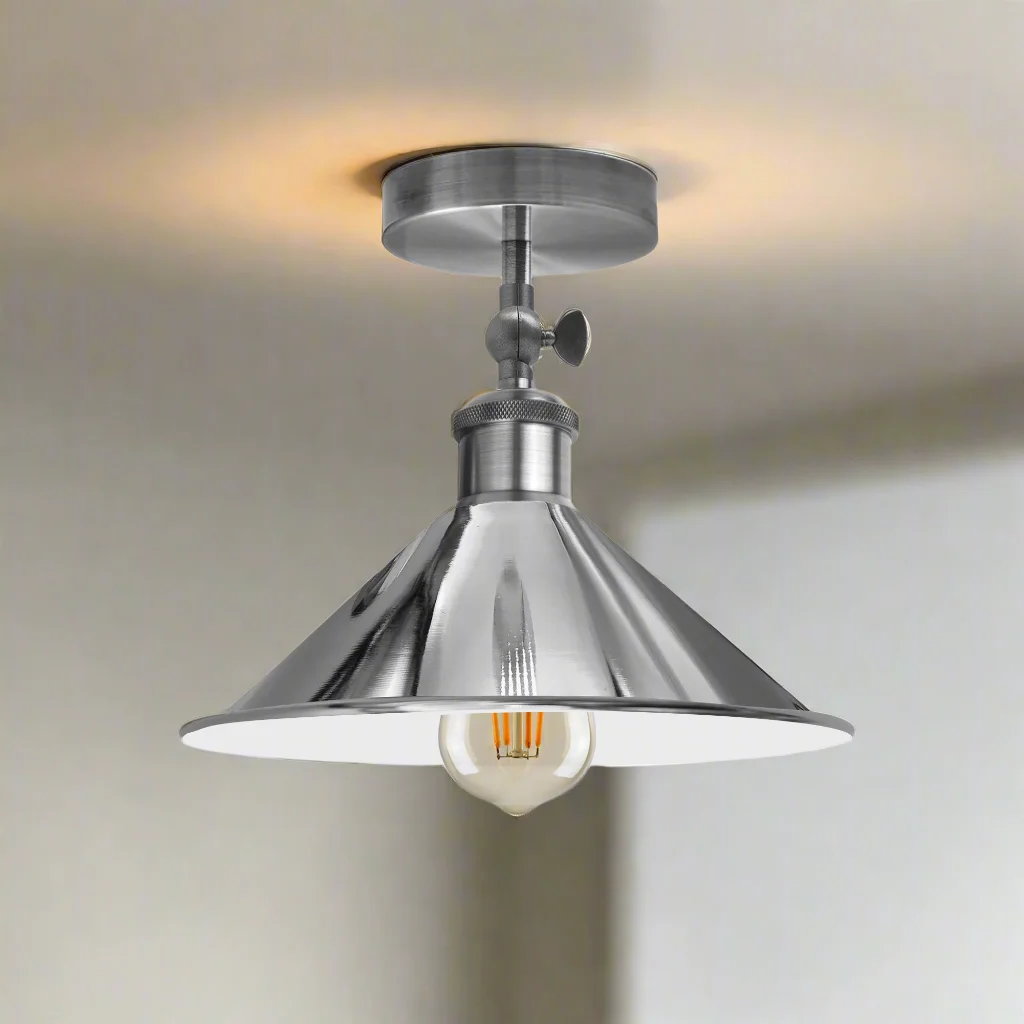 Adjustable ceiling light with vintage metal cone shade and hardwired ceiling rose in matte finish for indoor use