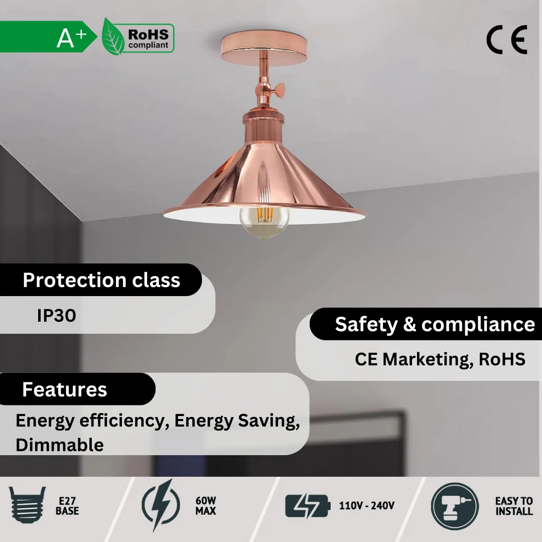 Adjustable vintage ceiling light with metal cone shade and ceiling rose, shown installed in a room setting