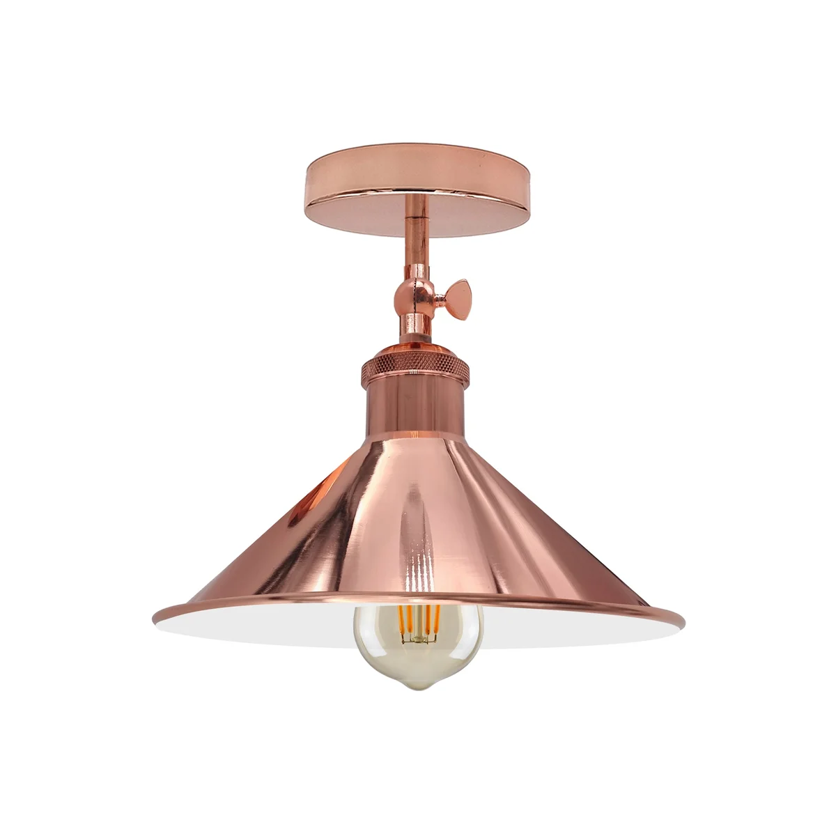 Adjustable metal cone shade ceiling light with vintage style, mounted flush to ceiling, shown in warm indoor setting