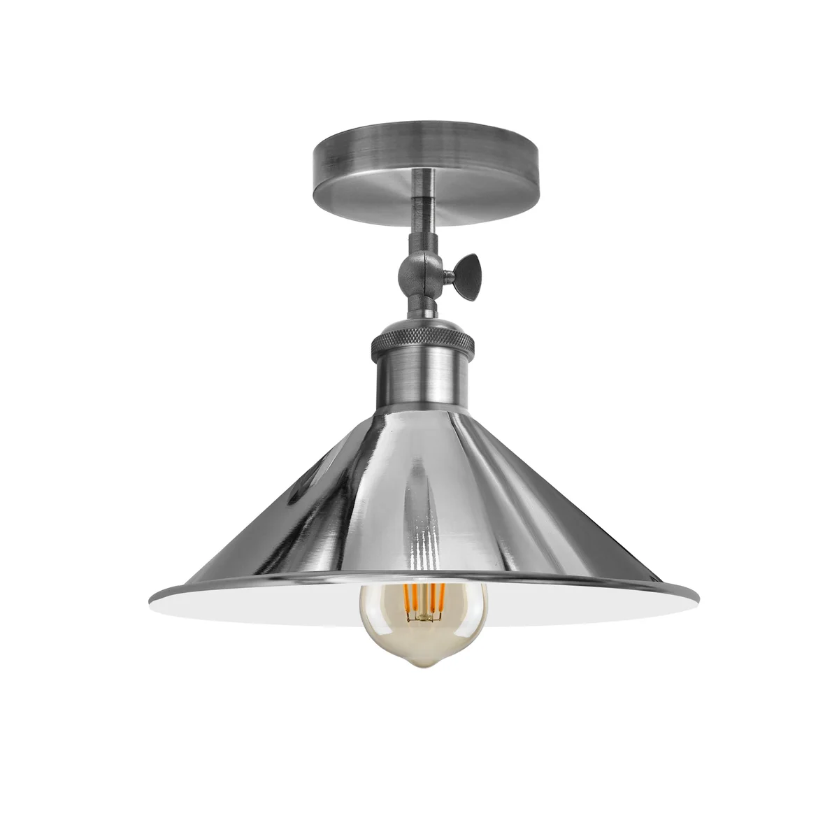 Adjustable vintage metal cone shade indoor ceiling light with dimmable feature and E27 bulb base mounted on white ceiling