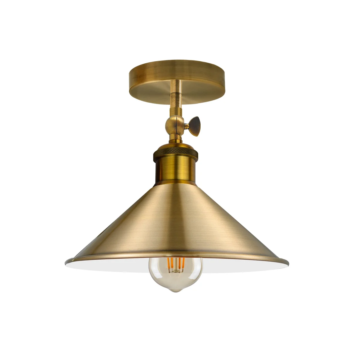 Adjustable ceiling light with metal cone shade in vintage style, shown mounted on white ceiling indoors