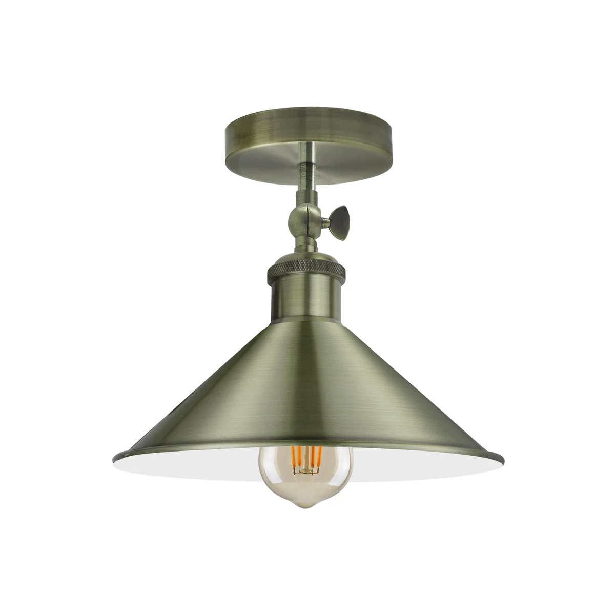 Adjustable ceiling light with vintage cone metal shade and ceiling rose, suitable for indoor living and dining rooms