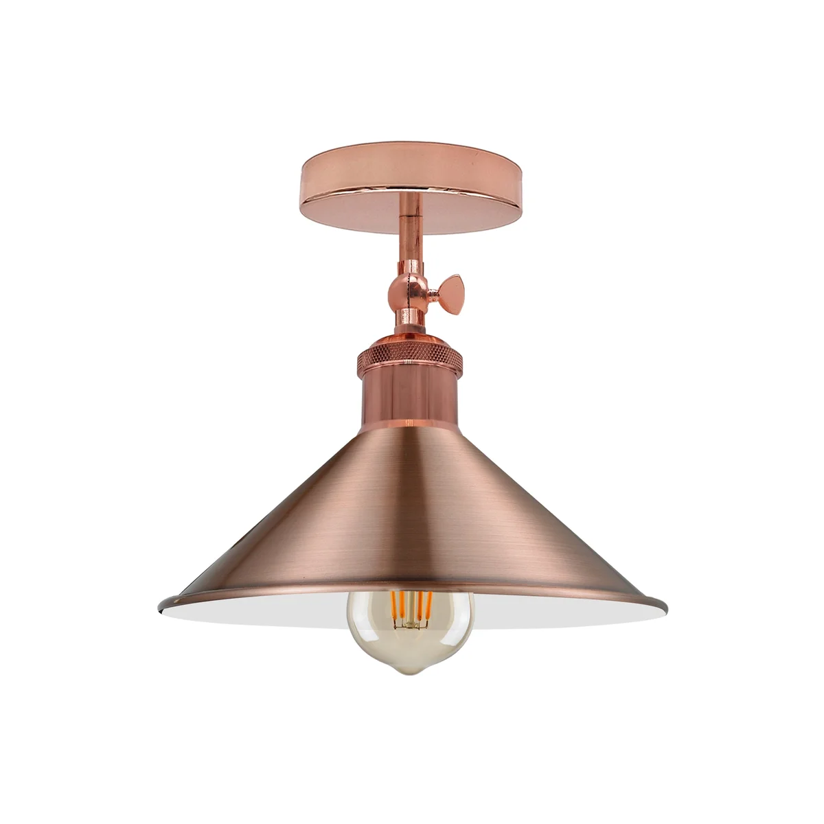 Adjustable ceiling light with vintage metal cone shade and dimmable feature, ideal for indoor living spaces