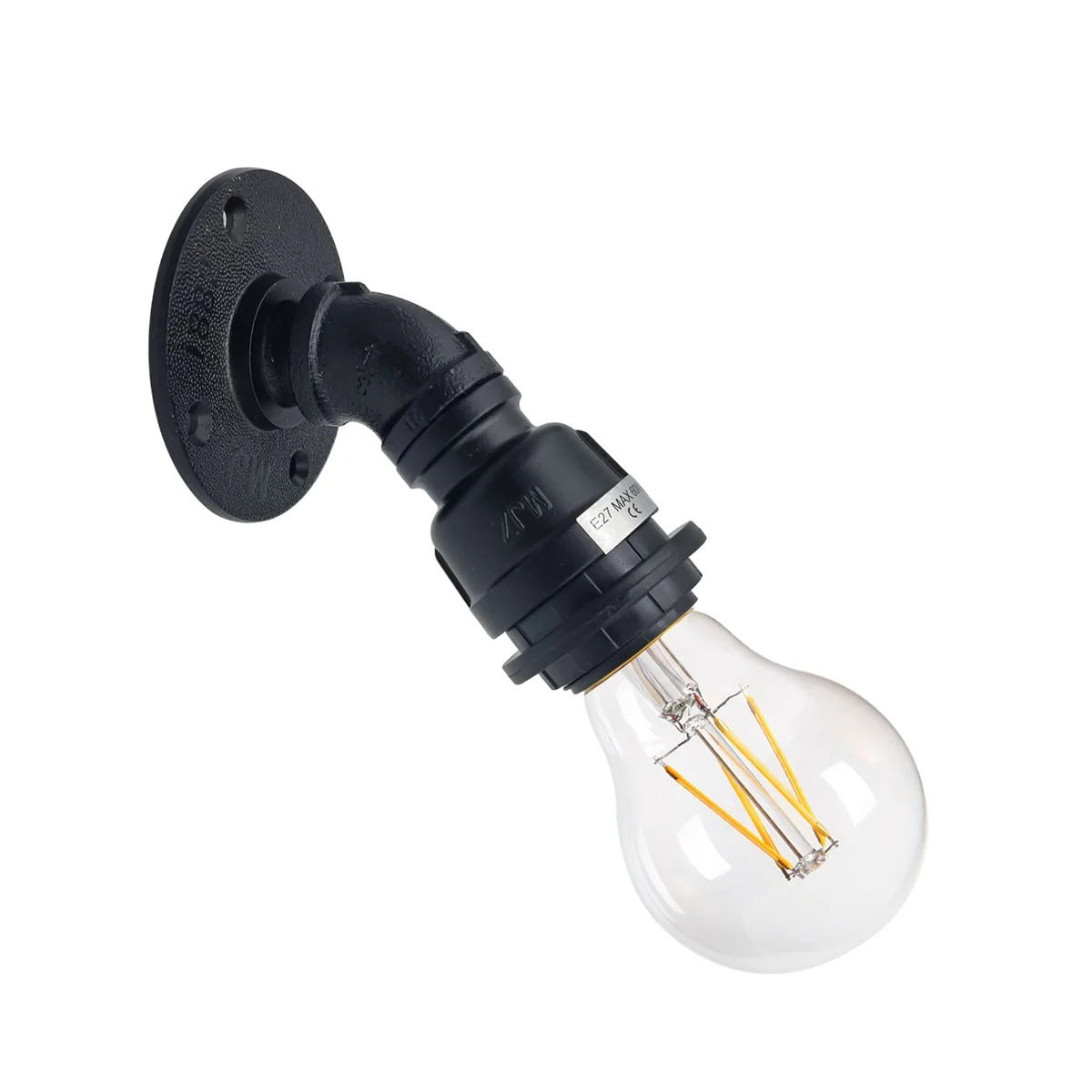 Black vintage industrial water pipe wall lamp holder with E27 base, ideal for retro indoor lighting in living spaces