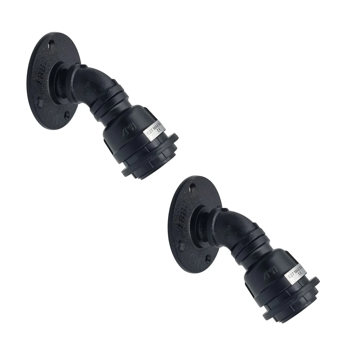 Black vintage wall lamp with industrial water pipe design and E27 base mounted on a white wall, showing metal construction