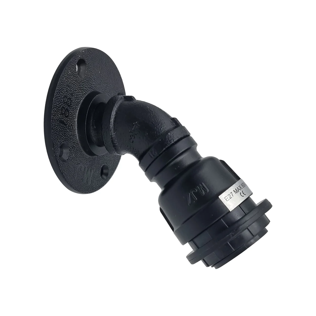 Black vintage wall lamp with industrial water pipe design and E27 socket mounted on white wall