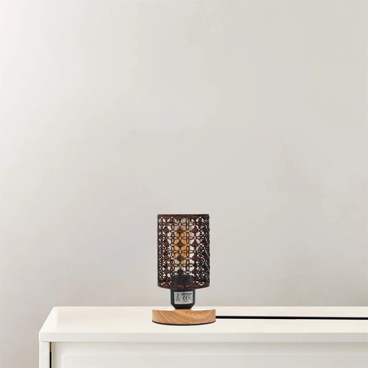 Vintage wire cage lamp with barrel-shaped metal cage and wooden stand, plug-in with inline switch, E27 bulb compatible