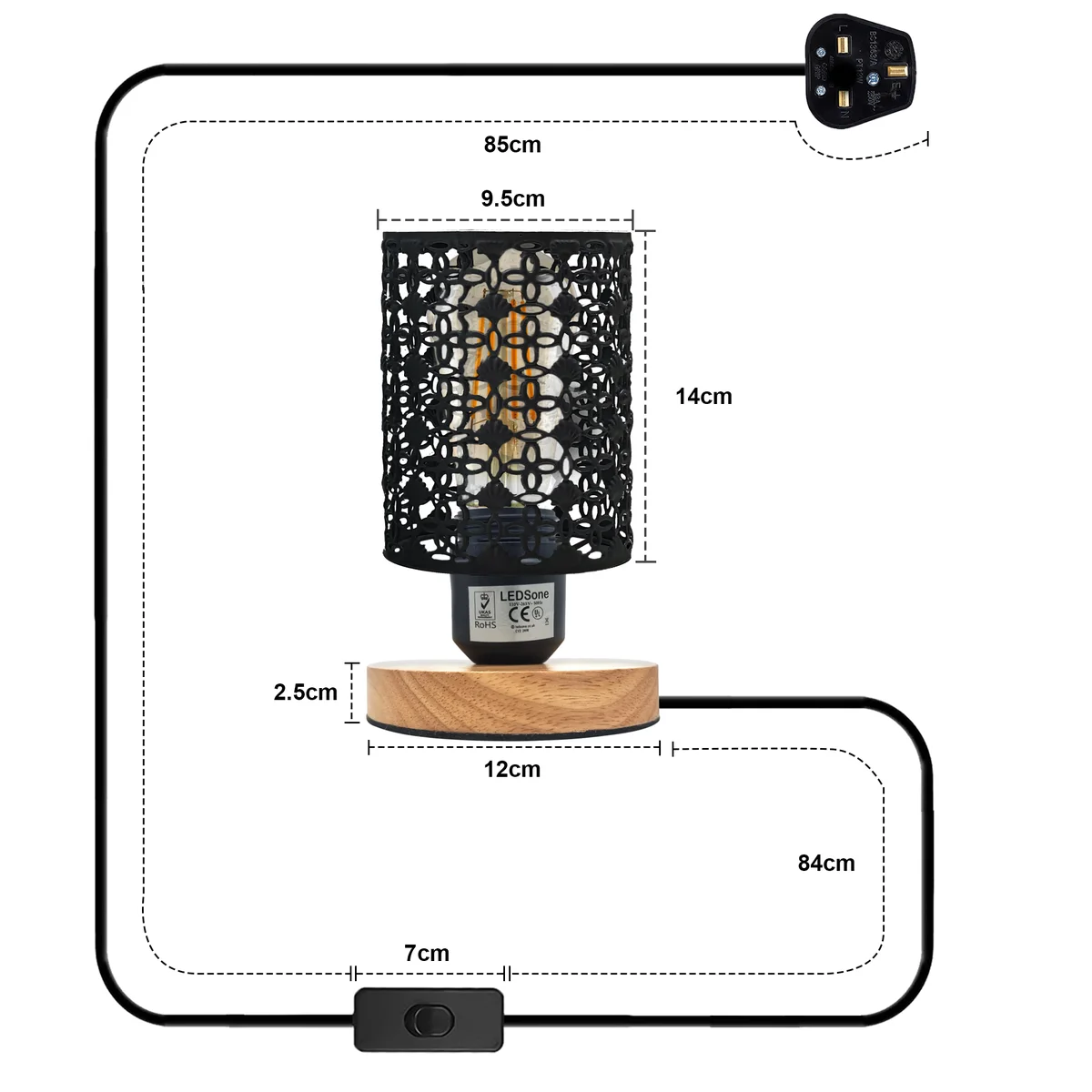 Vintage industrial style lamp with barrel wire cage and wooden stand, plug-in with inline ON/OFF switch, E27 bulb socket