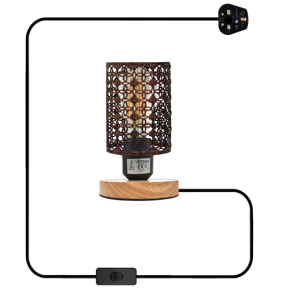 Vintage wire cage lamp with barrel-shaped metal cage and natural wooden stand on a side table, plug-in with switch