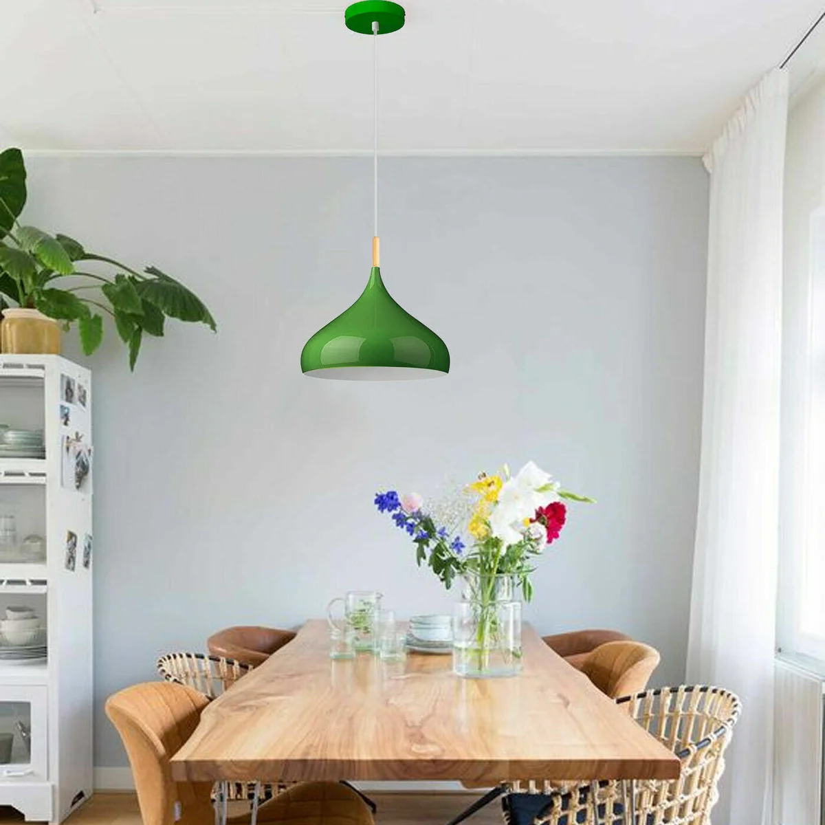 Colourful hanging light with sleek metal shade in red, suspended by 95cm cable, ideal for modern ceiling installation