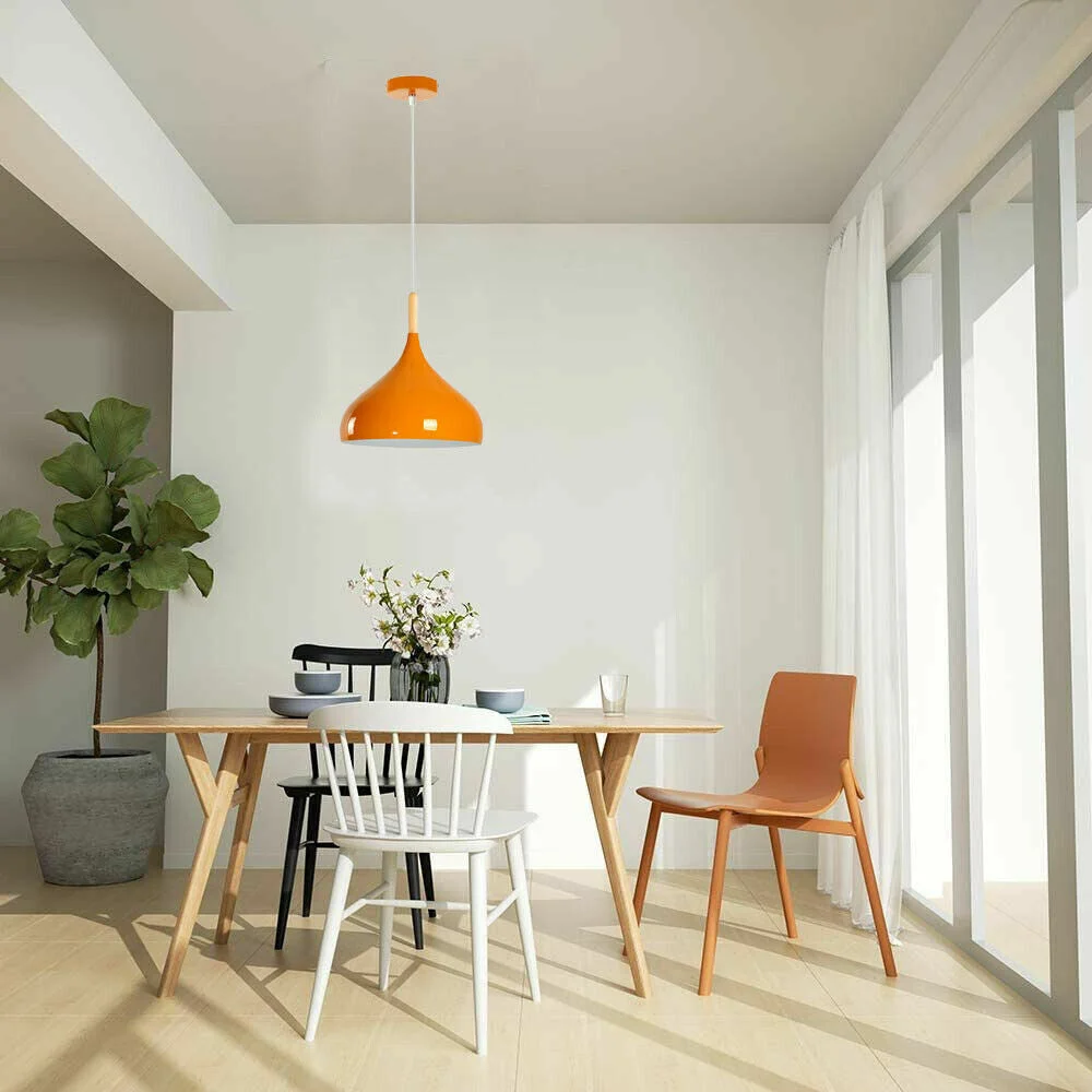 Modern ceiling pendant light with angled metal shade in grey, hanging from ceiling with 95cm cable and white inner finish