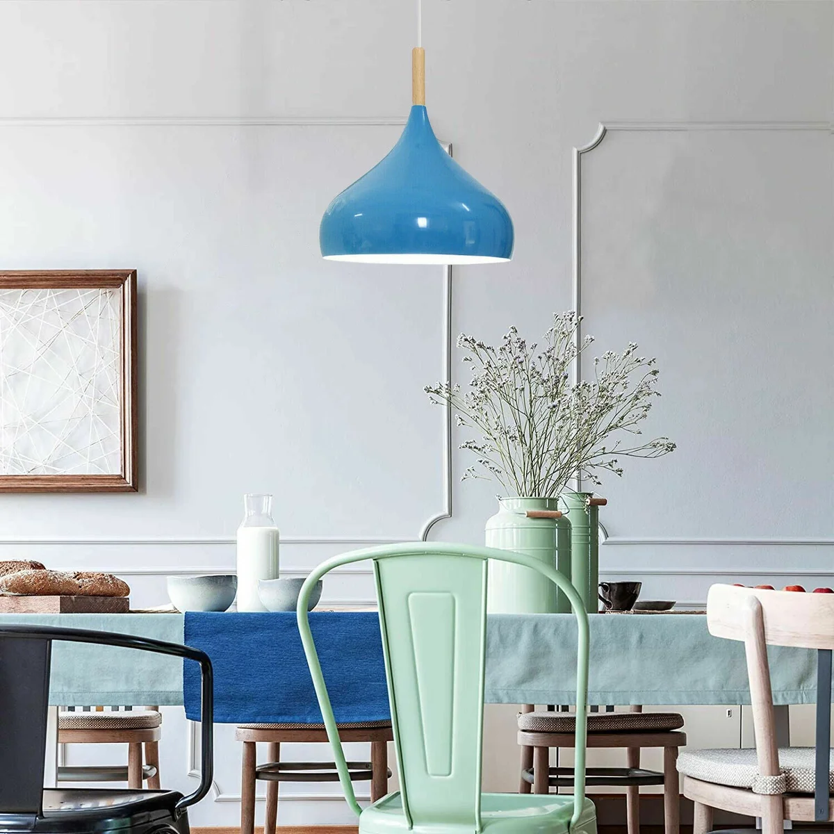 Modern ceiling pendant light with angled sleek metal shade in grey, hanging from a ceiling with 95cm cable and white interior finish