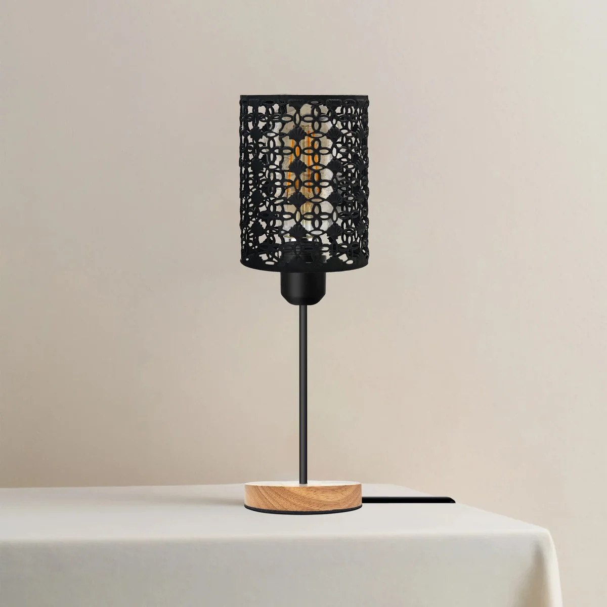 Wooden bedside table lamp with metal barrel cage shade and natural wood base, featuring E27 socket and on/off switch