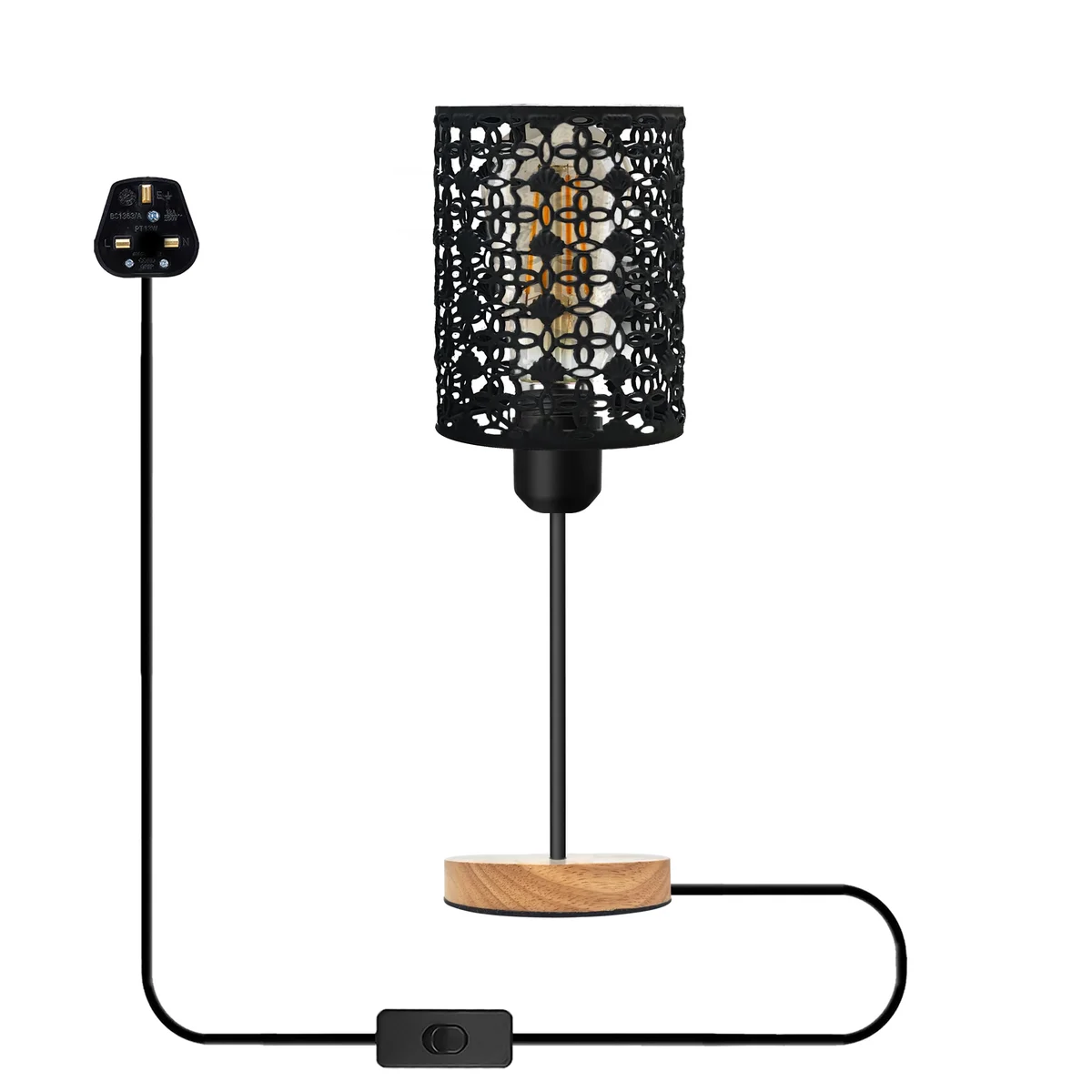Industrial bedside lamp with metal barrel cage and natural wooden base, E27 socket, and on/off switch on cable