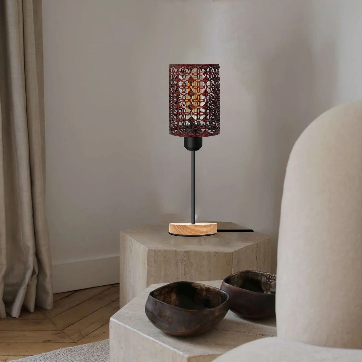 E27 socket table lamp with metal barrel cage and natural wooden base on a white background, showing on/off switch and plug