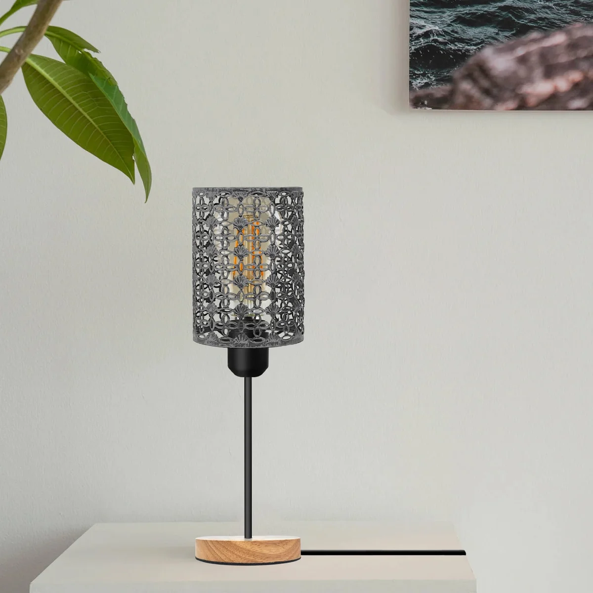 Rustic desk lamp with metal barrel cage and wooden base, featuring E27 socket and on/off switch on cable