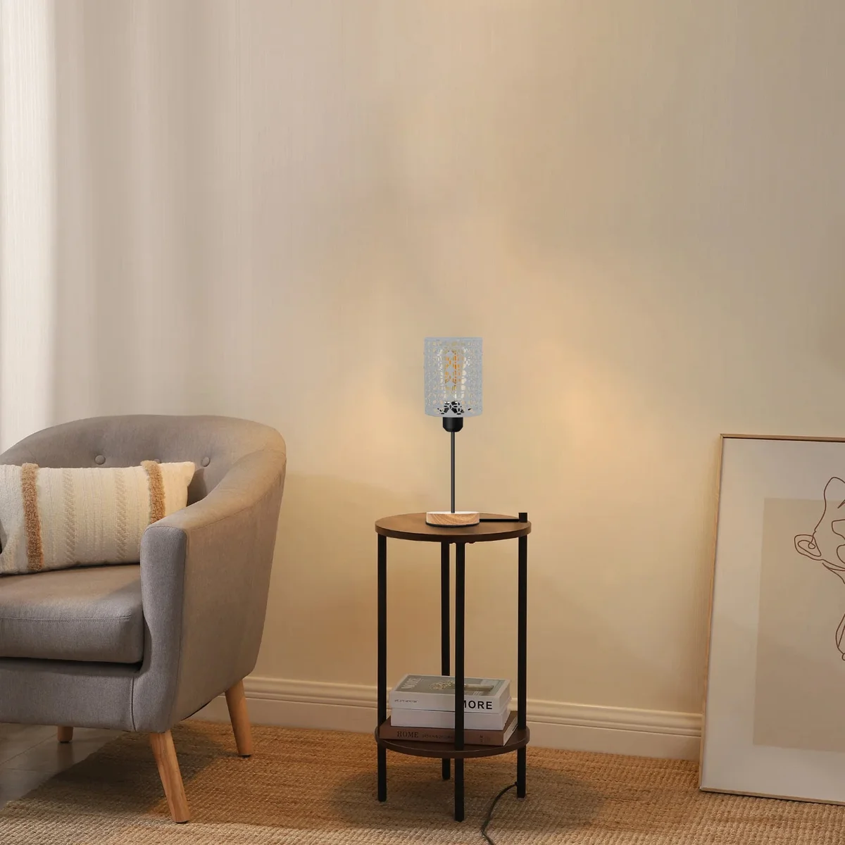 Plug-in table lamp with metal barrel cage, natural wooden base, E27 socket, and British 3-pin plug with on/off switch