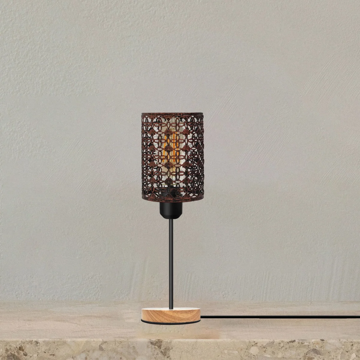 Wooden bedside table lamp with metal barrel cage, natural wood base, E27 socket, and on/off switch on power cable