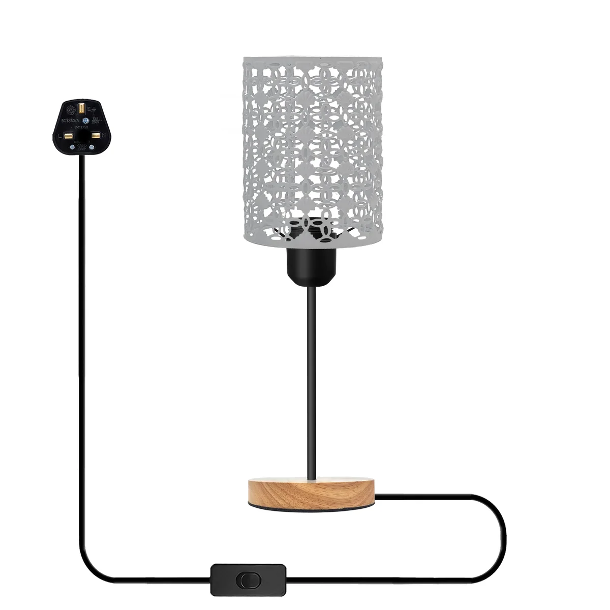 Wooden bedside table lamp with metal barrel cage shade, natural wood base, and British 3-pin plug with on/off switch