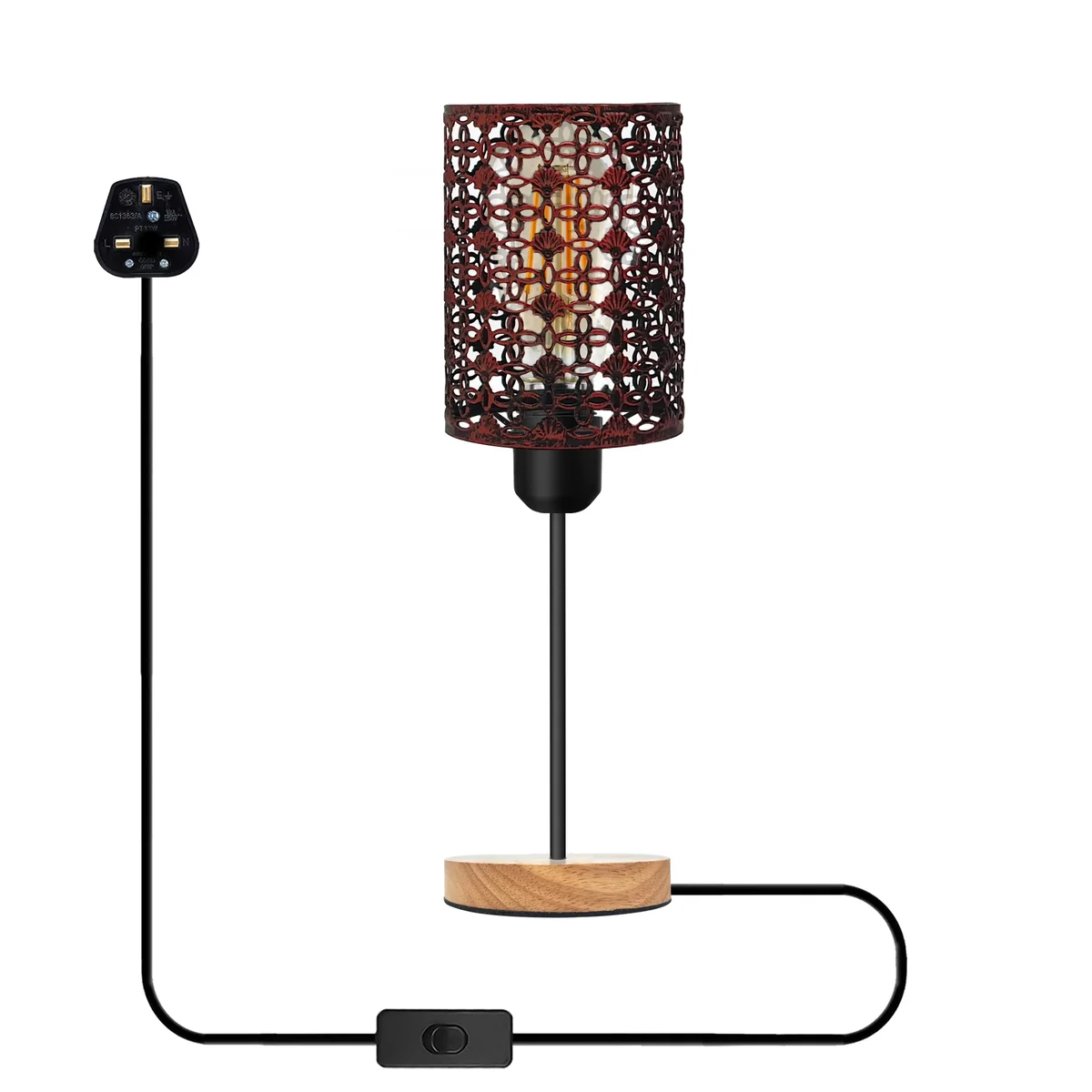 Wooden bedside table lamp with metal barrel cage, natural wood base, and British 3-pin plug with on/off switch