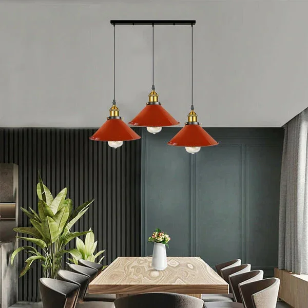 Three white industrial metal cone shades on a rectangular base with adjustable cables, vintage style adjustable ceiling light
