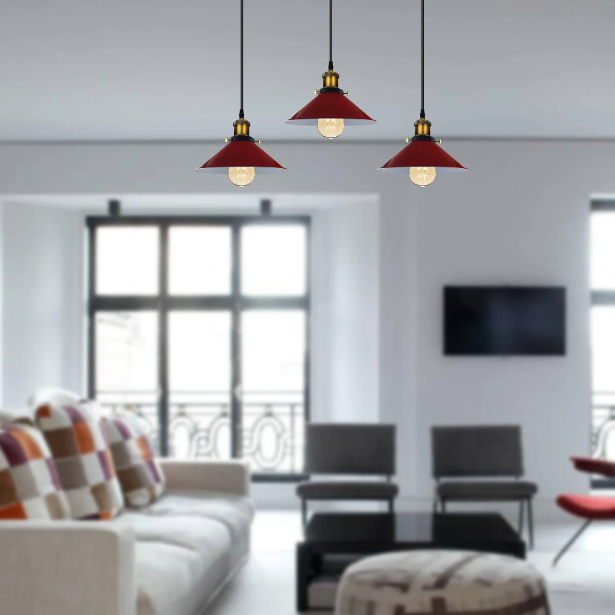 Three white vintage style pendant lights with wide metal shades hanging from adjustable cables on a rectangular base