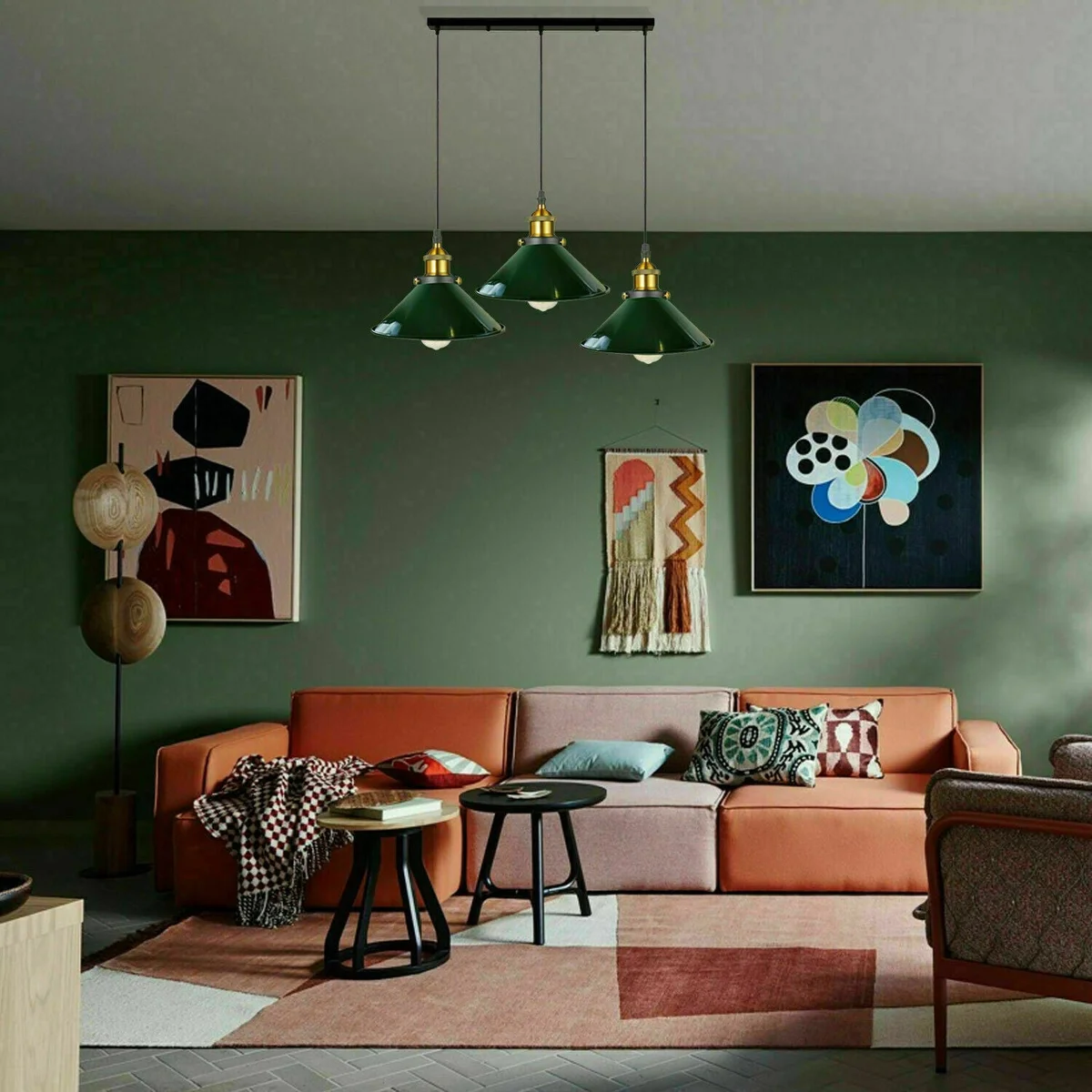 Three white industrial cone shades on a 50cm rectangular base with adjustable cables, E27 bulb pendant lighting fixture