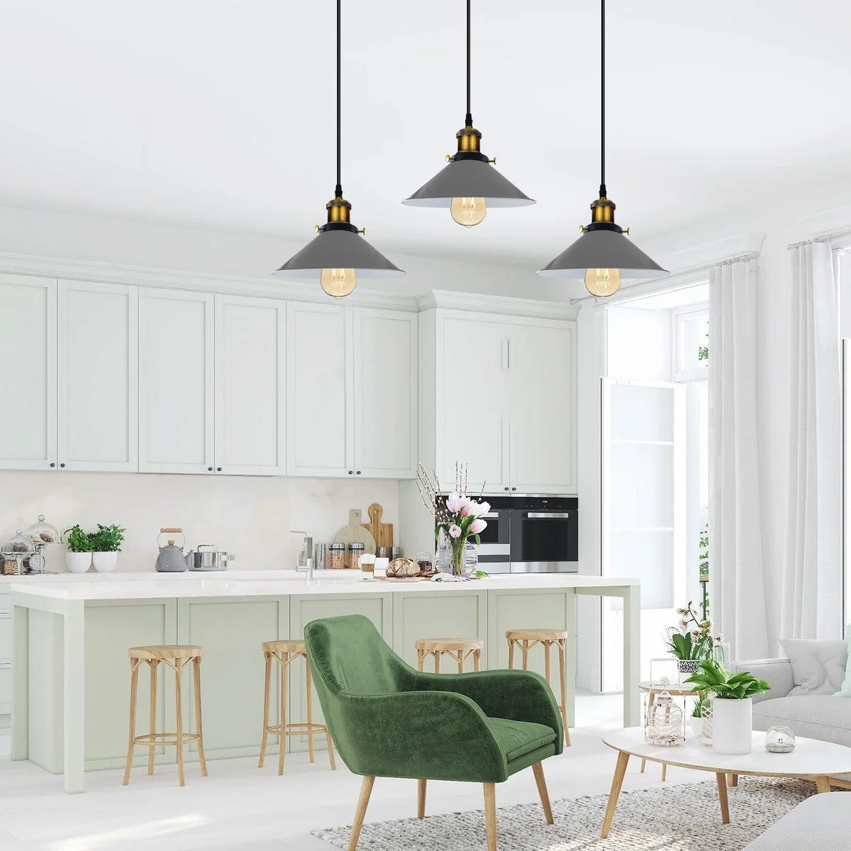 White industrial metal pendant lamp with three wide cone shades hanging from adjustable rectangular base