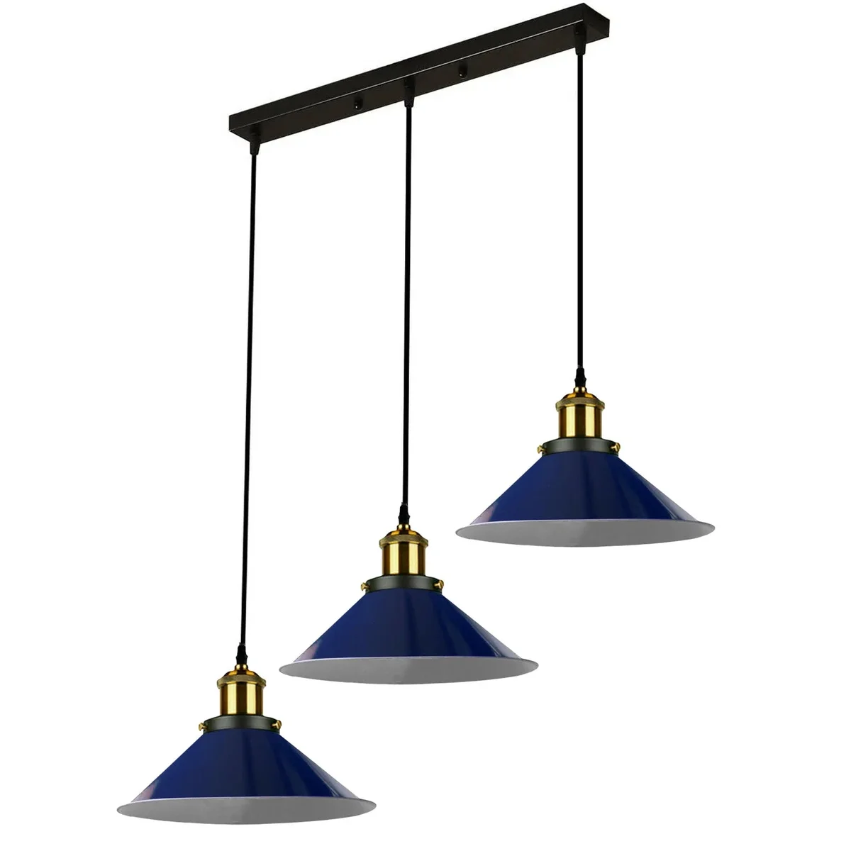 White industrial pendant light with three adjustable wide metal cone shades on a rectangular ceiling mount
