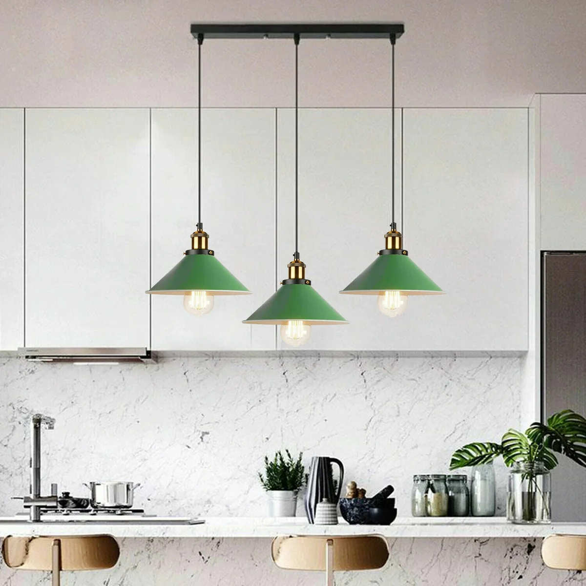 Three white metal wide-shade industrial pendant light fixtures hanging from a 50cm rectangular base with adjustable cables