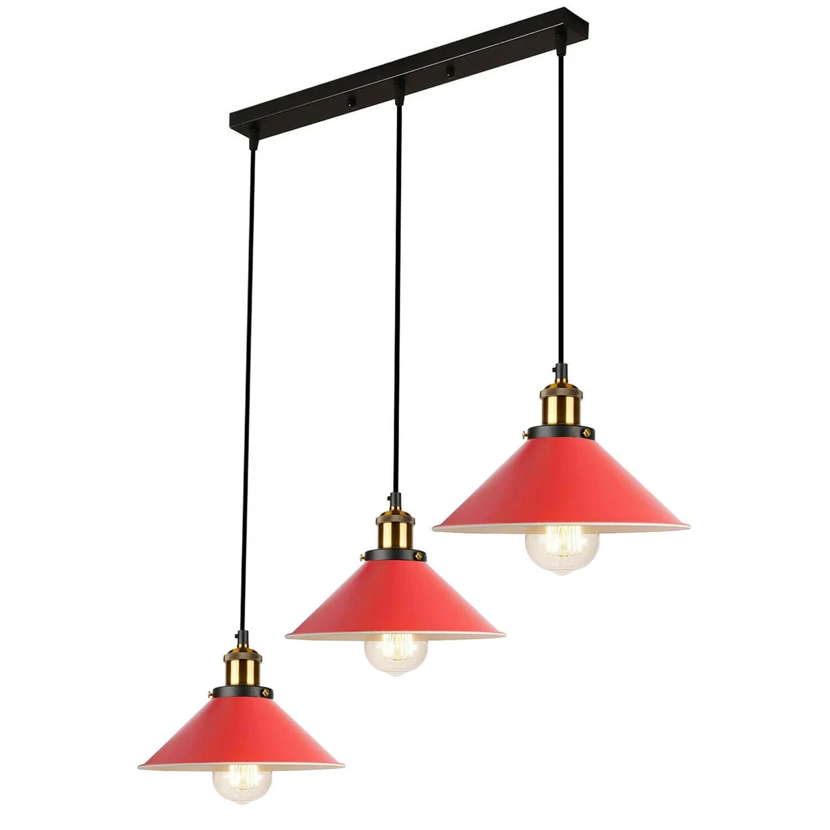 Three white metal wide-shade industrial pendant light cones hanging from a rectangular base with adjustable cables