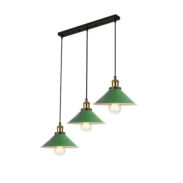Three white industrial pendant light cones hanging from a rectangular metal base with adjustable cables on a white background