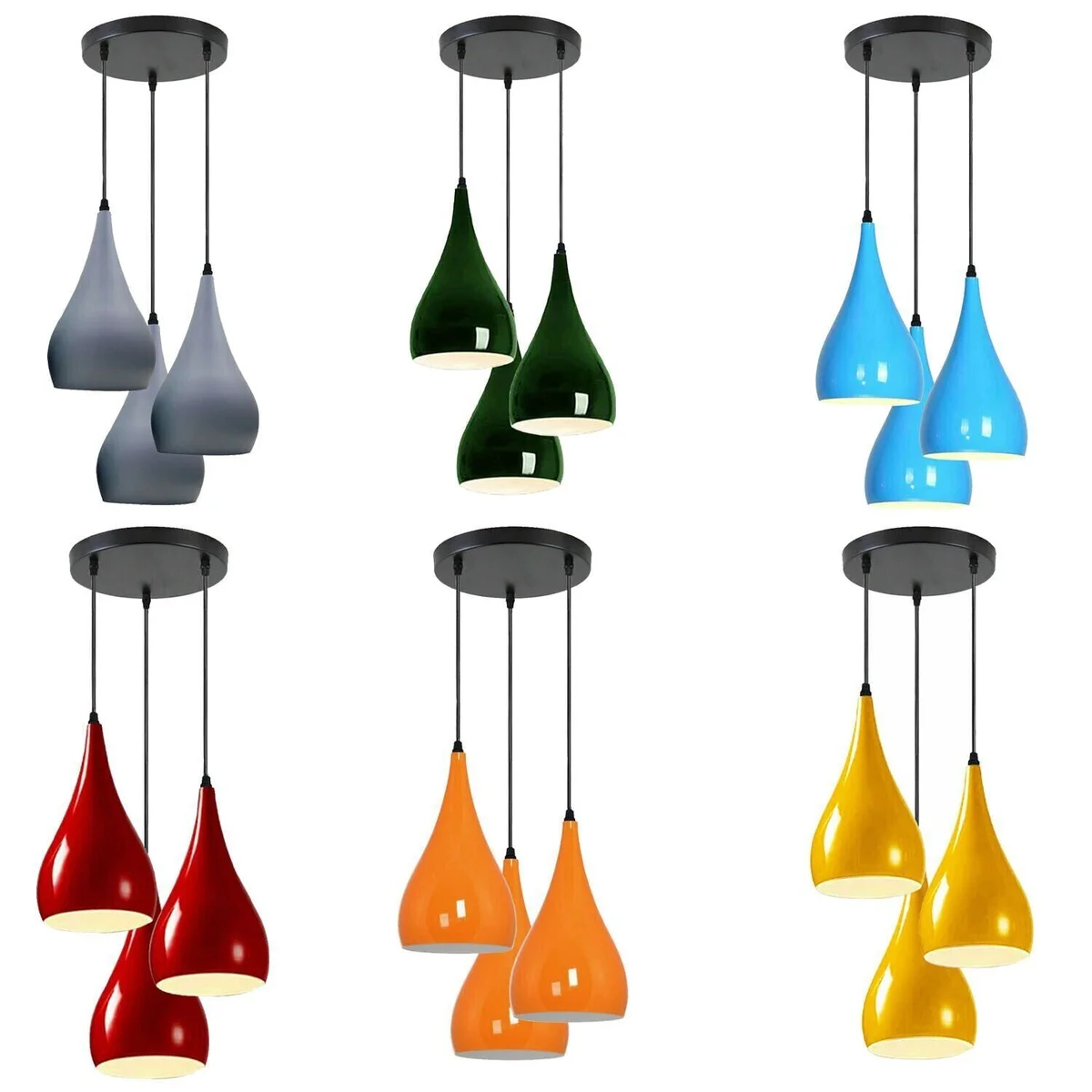 3 way pendant light with three teardrop-shaped shades in black, suspended at varying heights from a ceiling plate