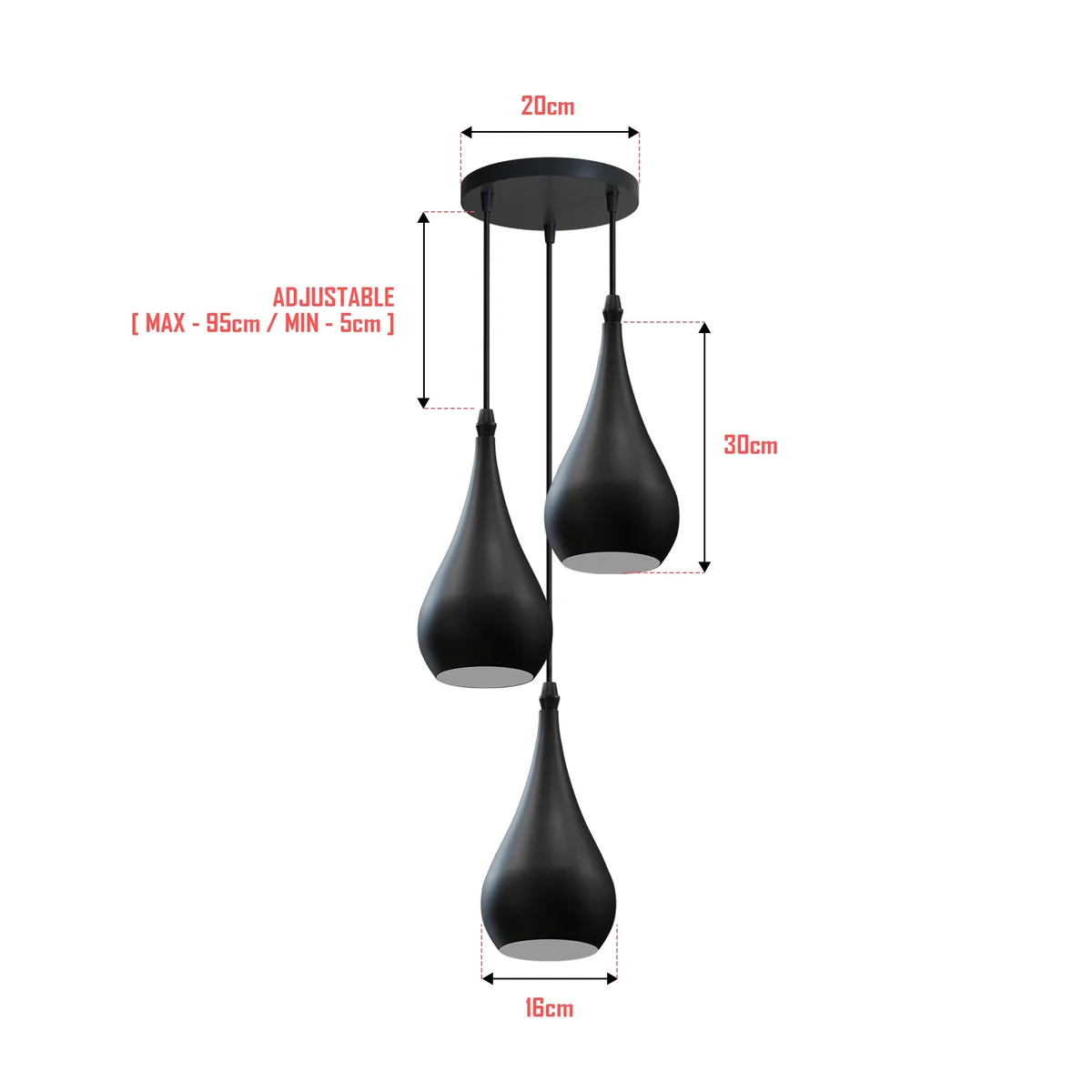 Three teardrop pendant lamp shades in black, blue, and burgundy hanging at different heights from a ceiling fixture