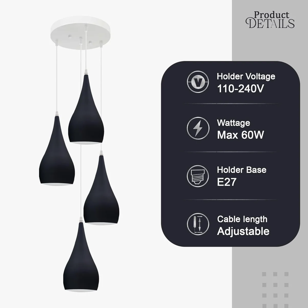 Three teardrop shades in black, blue, and burgundy on adjustable ceiling light with angled base for sloped ceilings
